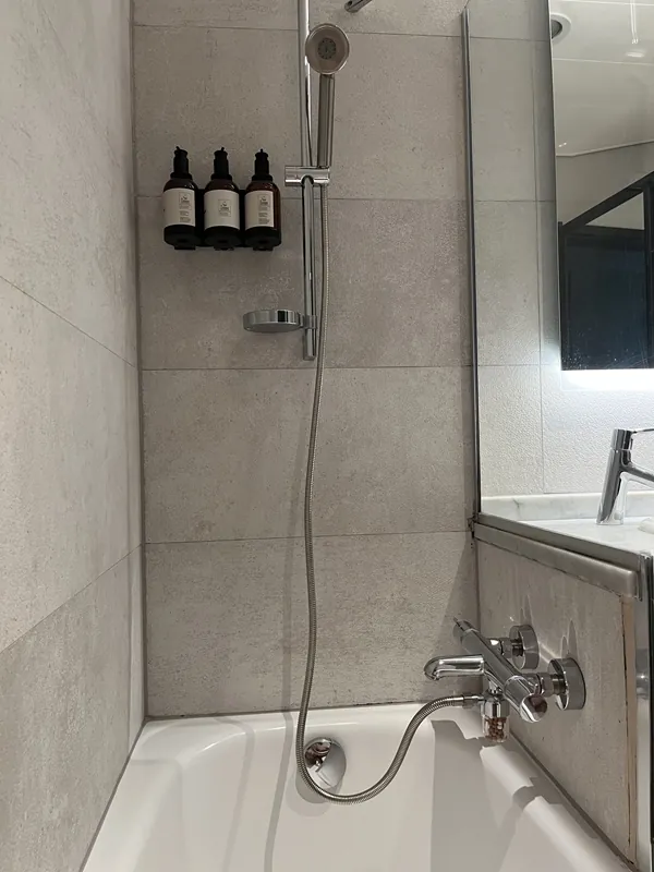 pommeau, tuyau et filtre de douche anti calcaire installés dans une salle de bains avec baignoire